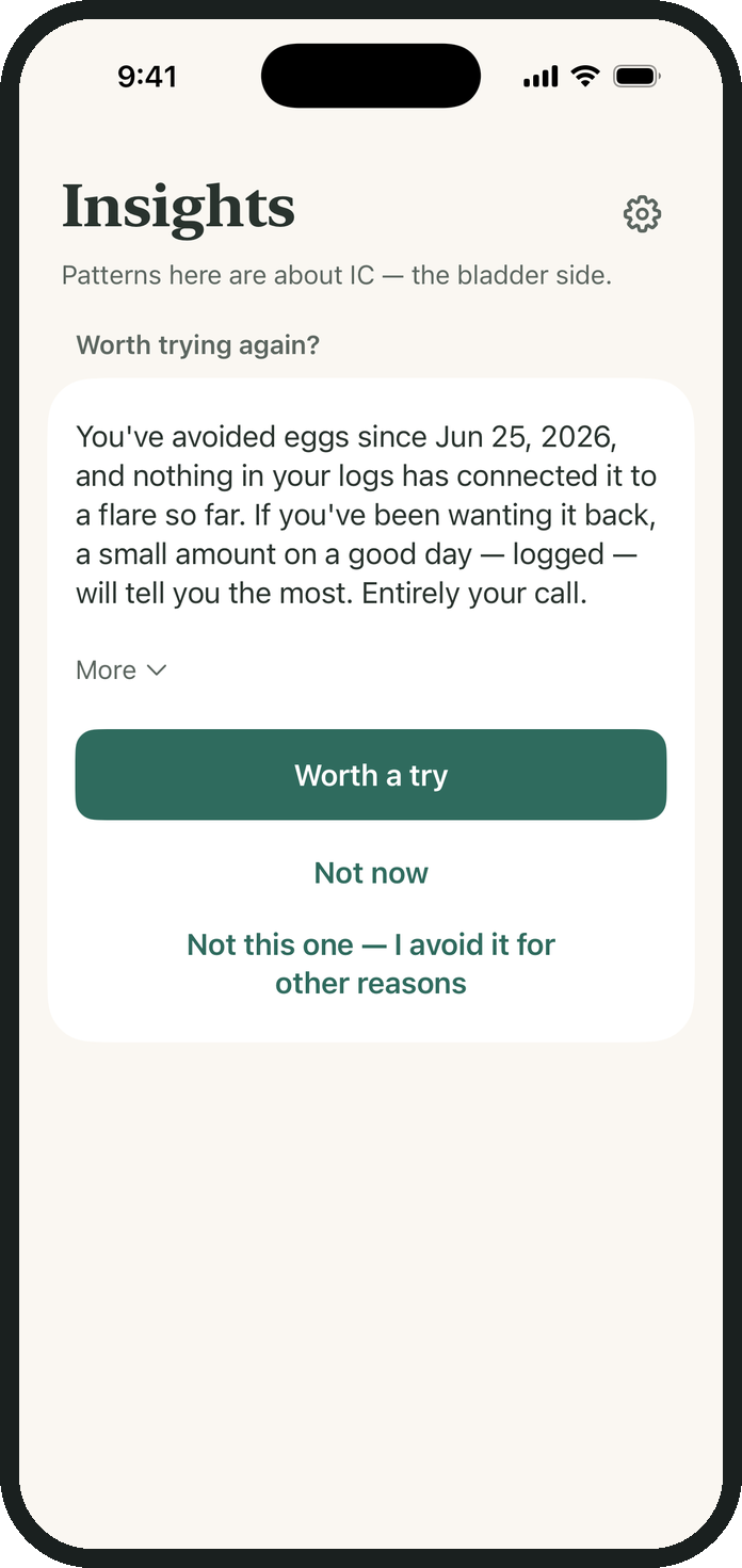 A gentle prompt offering a long-avoided food back to try again, framed as entirely the user's call.