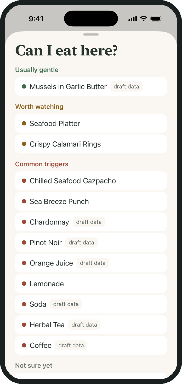 A restaurant menu read from a photo, its dishes sorted into usually gentle, worth watching, and common triggers.