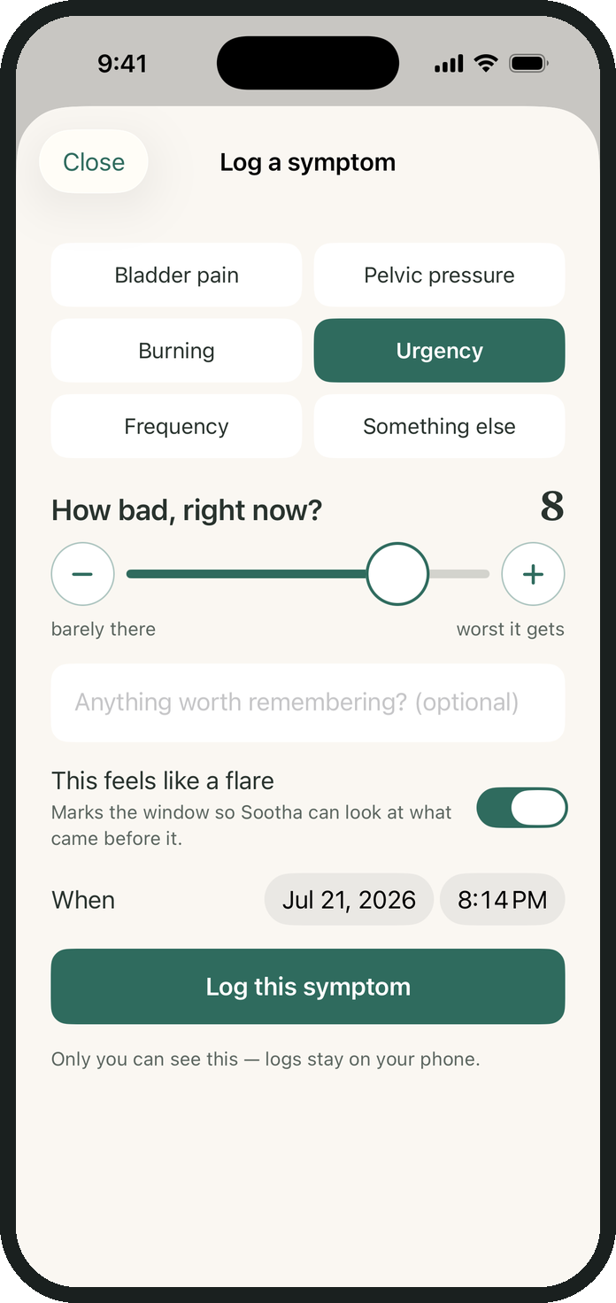 The symptom logger: pick a symptom, set severity, mark a flare — kept on your phone.